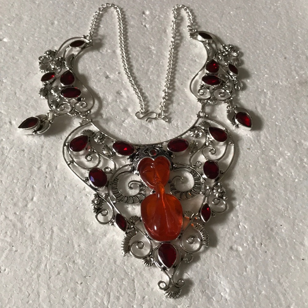 Ornate Silver and Red Necklace with Orange Accents